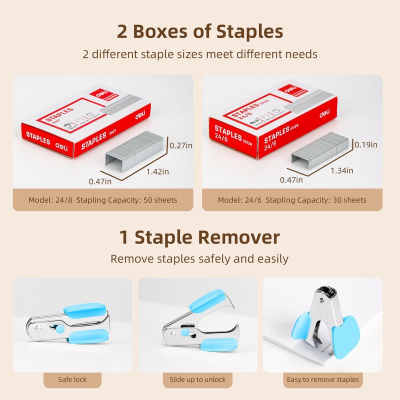 Deli Effortless Desktop Stapler, Heavy Duty Stapler, 40-50 Sheet Capacity, One Finger, No Effort, Includes 1500 Staples & Staple Remover, Sky Blue - Image 4